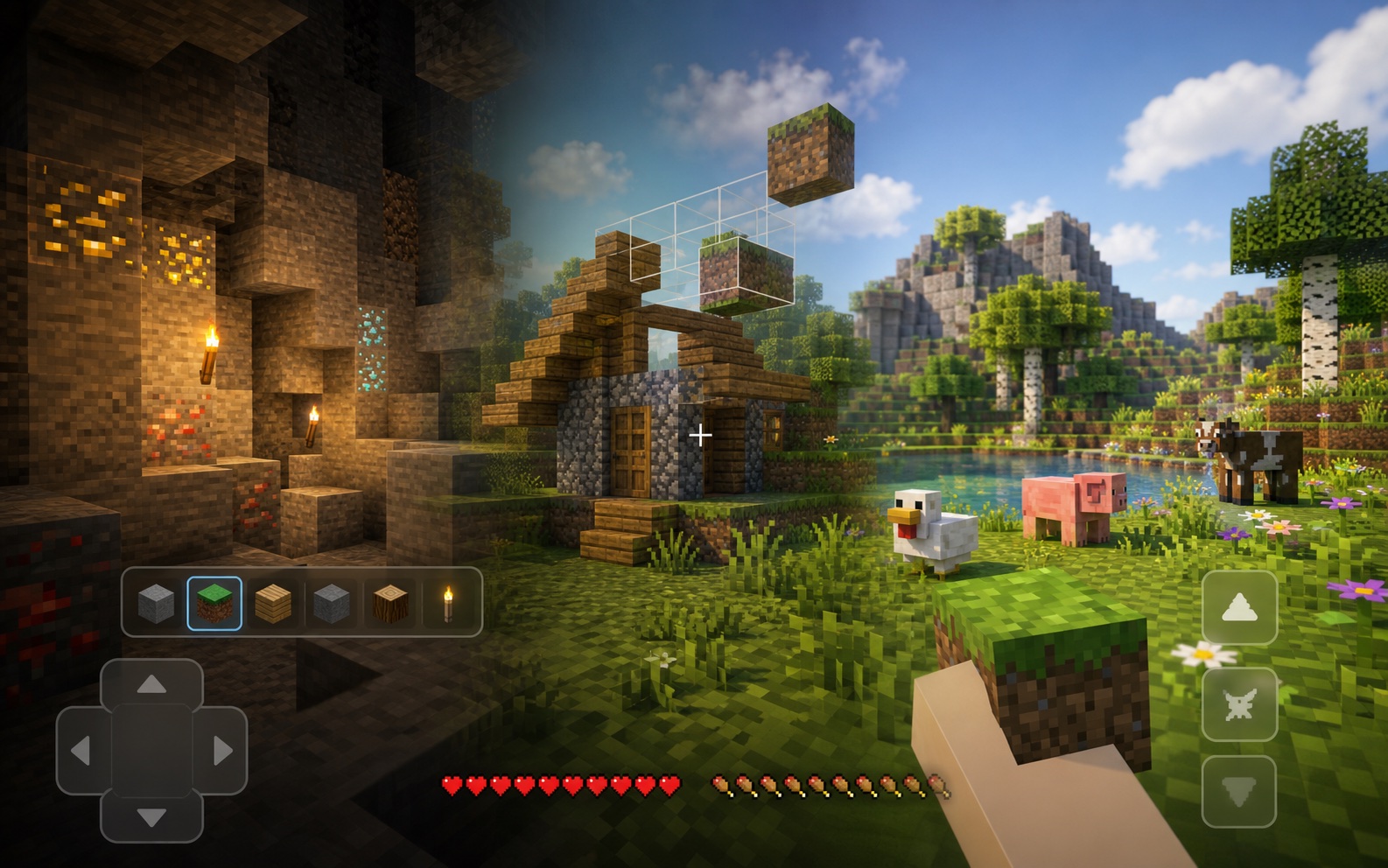Voxel gameplay scene with a lit cave, starter build, mobs, and touch controls